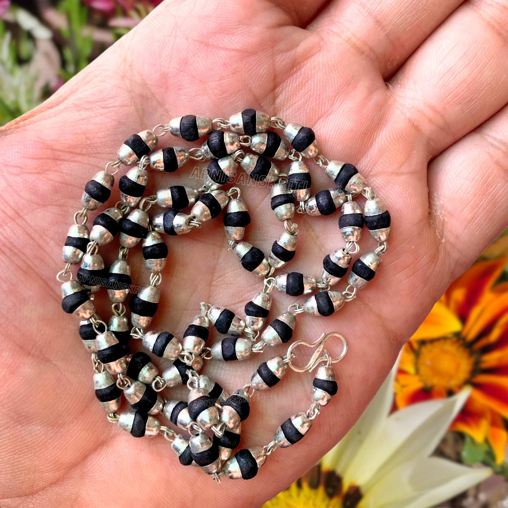 Apnisanskriti Black Tulsi Mala In Silver Designer Caps (3-4 mm, 55 beads, Lab Certified ) - Natural Black Tulsi Beads - Silver Plated- Pack of 1