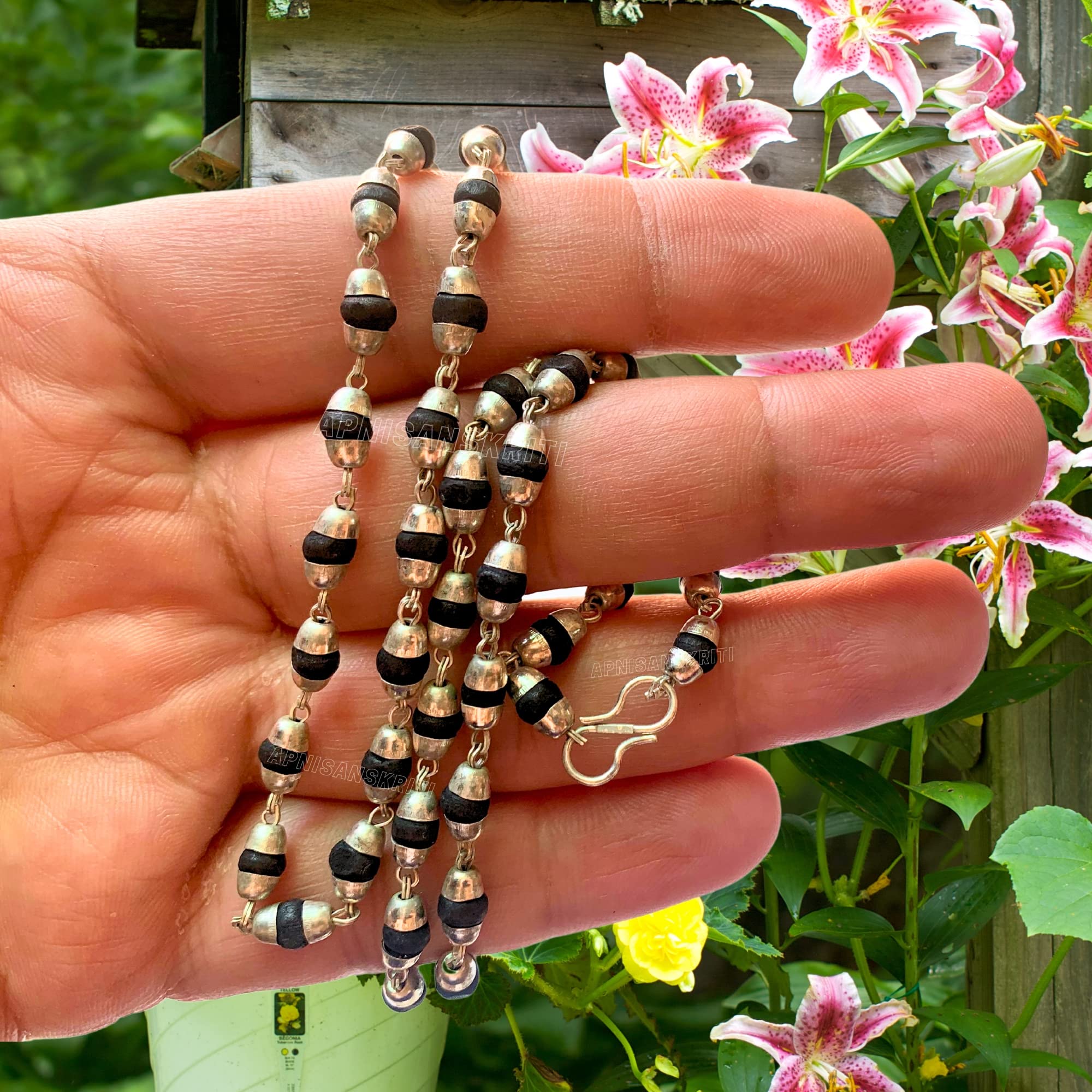 Apnisanskriti Black Tulsi Mala In Silver Designer Caps (3-4 mm, 55 beads, Lab Certified ) - Natural Black Tulsi Beads - Silver Plated- Pack of 1