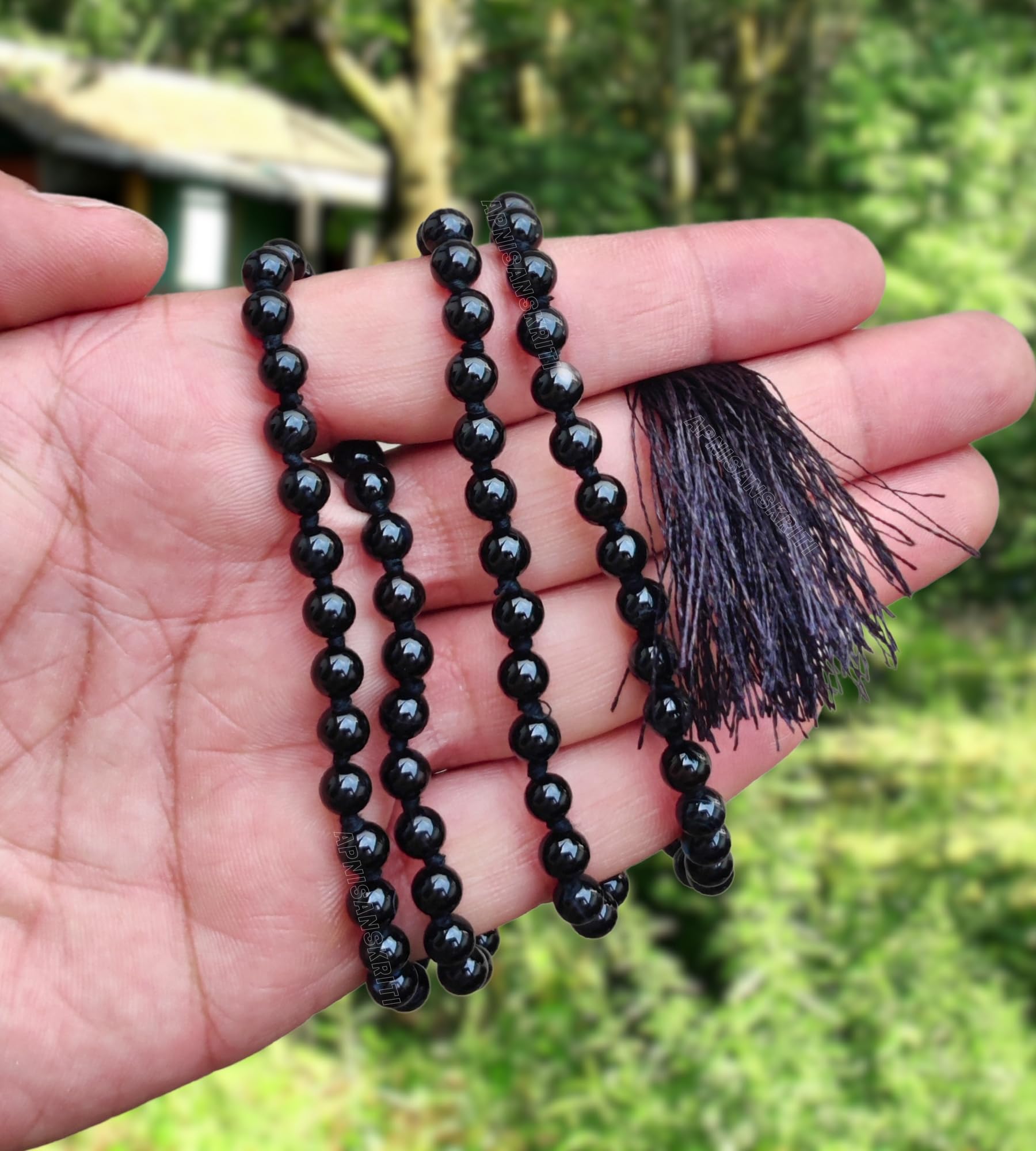 Apnisanskriti Black Obsidian Mala 6mm - Grounding Beads for Protection and Spiritual Clarity (Pack of 1)