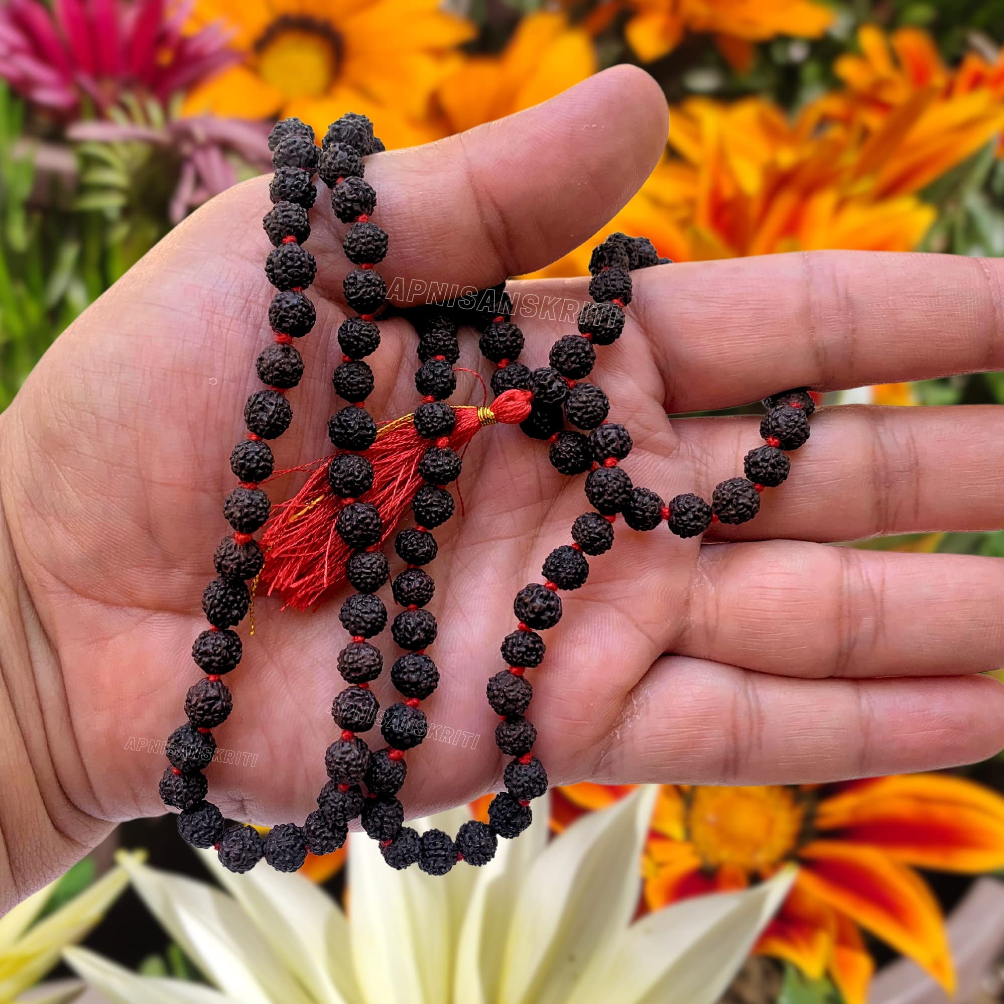 Apnisanskriti 5 Mukhi Black Rudraksha Mala (108+1 Beads, Lab Certified) Natural Black Rudraksha Beads