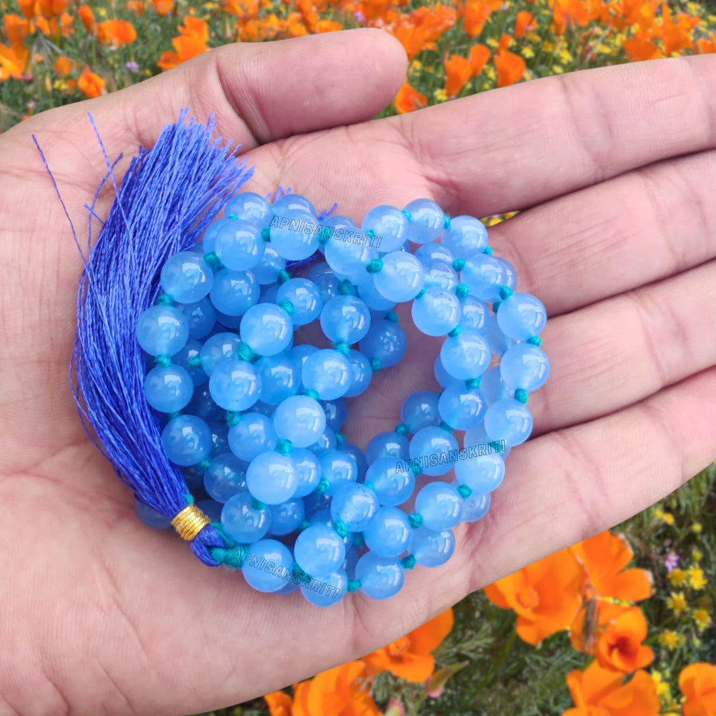 Apnisanskriti 8mm Blue Chalcedony Mala - Serenity and Communication in Spiritual Practice (Pack of 1)