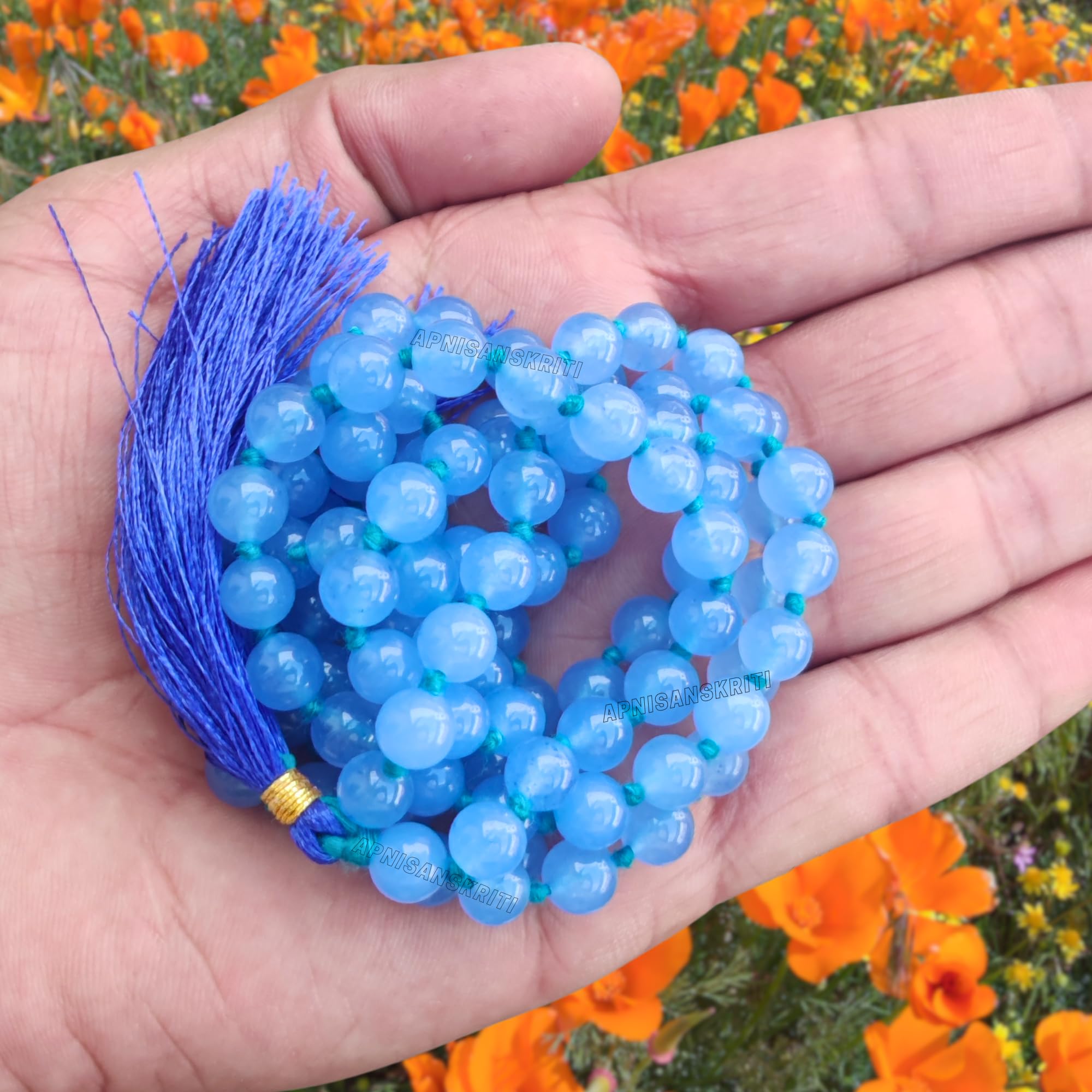 Apnisanskriti 8mm Blue Chalcedony Mala - Serenity and Communication in Spiritual Practice (Pack of 1)