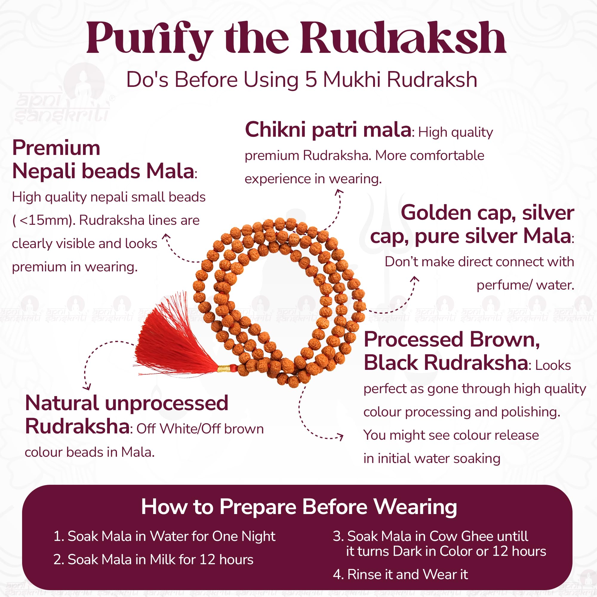 Apnisanskriti 5 Mukhi Rudraksha Mala for Jaap and men/women wearing (8 mm, large bead size, 108+1 Beads, Lab Certified) - Natural Brown Rudraksha Beads - Pack of 1