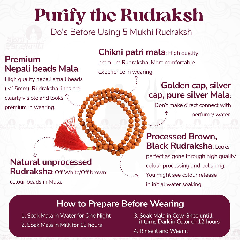 Apnisanskriti 5 Mukhi Rudraksha Mala for Men / Women Wearing (6mm, Medium Bead Size, 108+1 Beads, Lab Certified) - Natural Brown Rudraksh Beads - Pack of 1