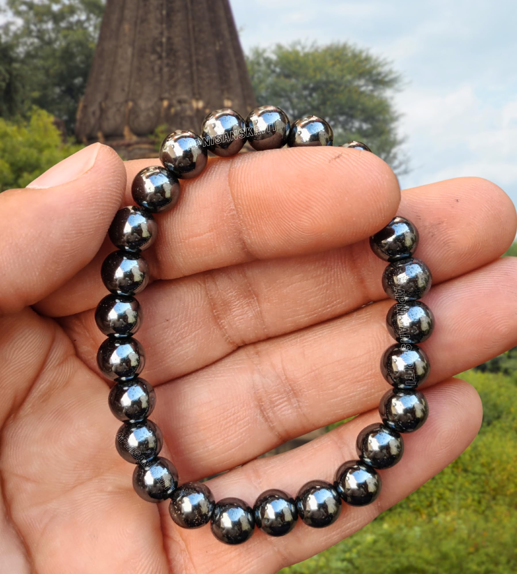 Apnisanskriti Certified Stone Bracelet (8mm) – Natural Reiki Feng Shui Round Gemstone – Free Size for Men & Women