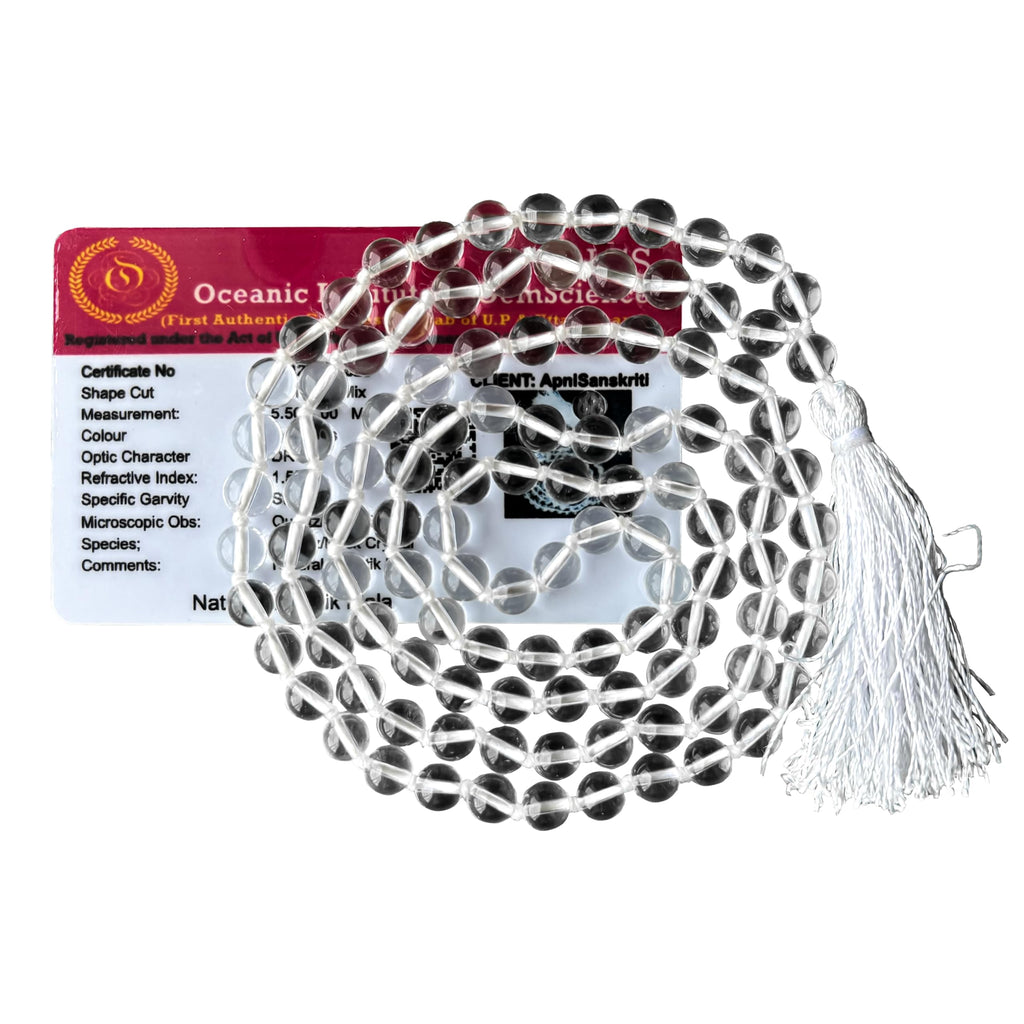 Apnisanskriti 6mm Sphatik Mala with Tussle (108+1 Beads) | Natural & Lab Certified | Spadigam Malai | Crystal Jaap Mala for Pooja and Wearing (24 inch)