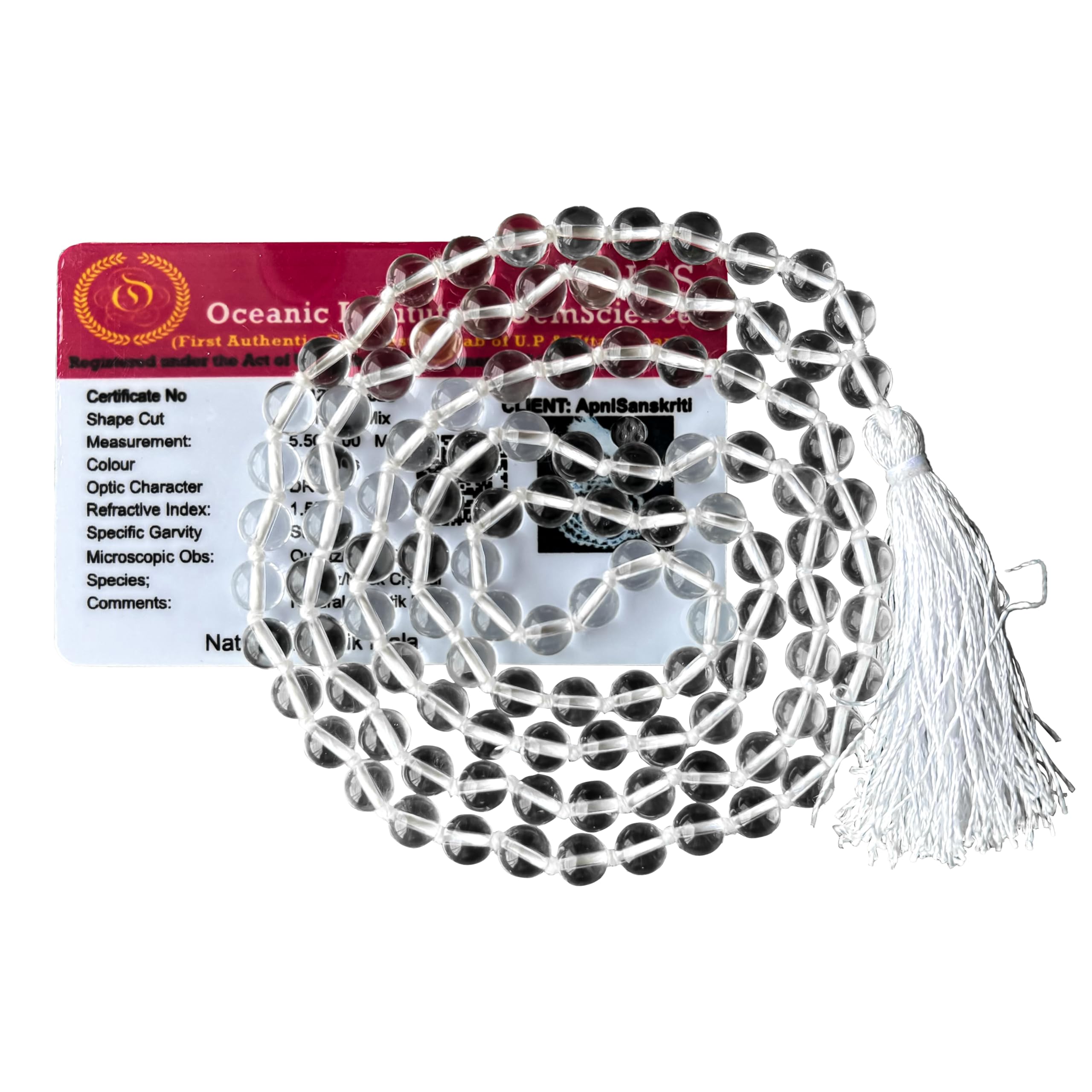 Apnisanskriti 6mm Sphatik Mala with Tussle (108+1 Beads) | Natural & Lab Certified | Spadigam Malai | Crystal Jaap Mala for Pooja and Wearing (24 inch)