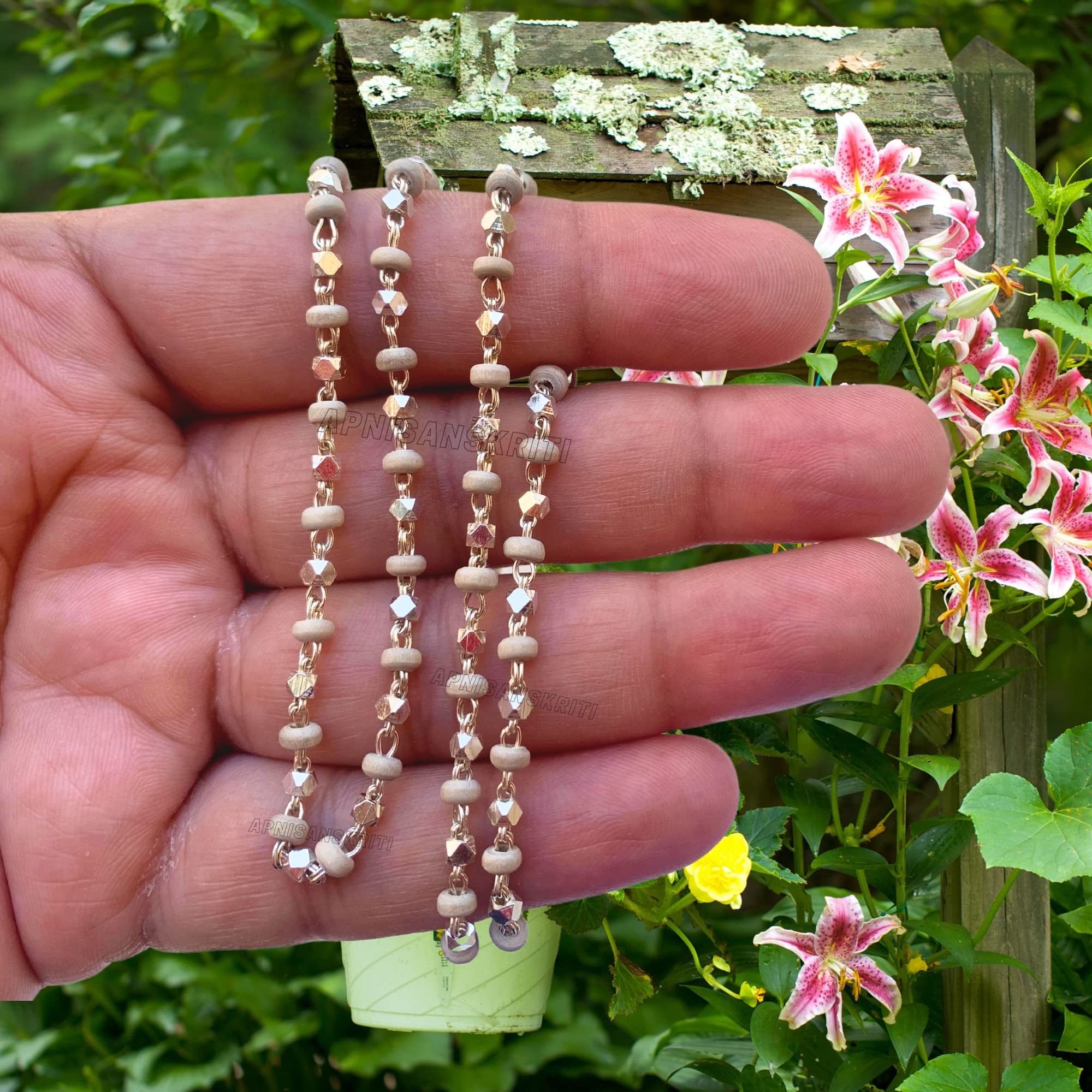 Apnisanskriti Black & White Tulsi Mala in Silver Designer Caps - Special Edition Big Size - Natural White Tulsi Beads - Pure Silver