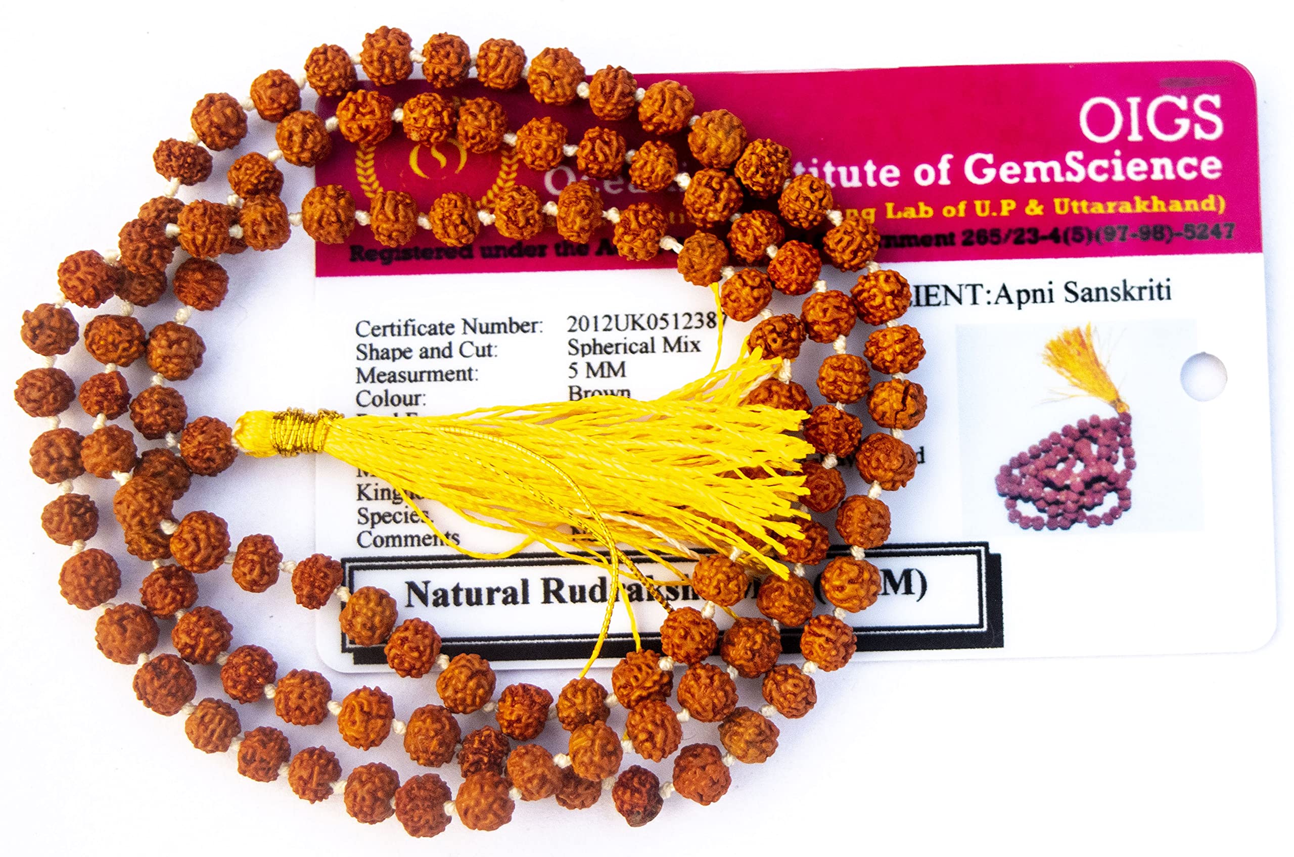 Apnisanskriti 5 Mukhi Rudraksha Mala for Men/Women Wearing (5mm, Rare Small Bead Size, Neck Length, 108+1 Beads, Lab Certified) - 100% Natural Brown Rudraksha Beads - Pack of 1