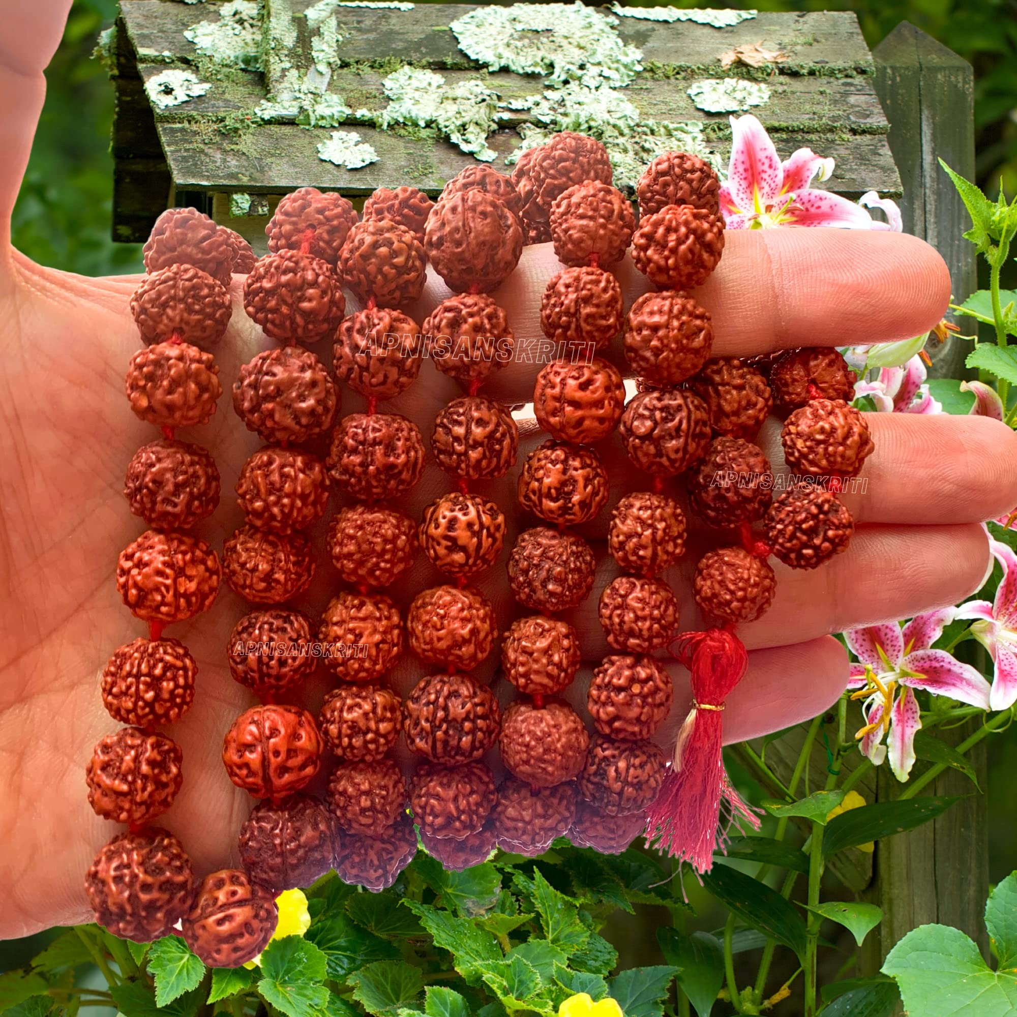 Apnisanskriti 5 Mukhi Rudraksha Mala for Men/Women Wearing (108+1, Lab Certified, Natural Brown Rudraksha Beads)