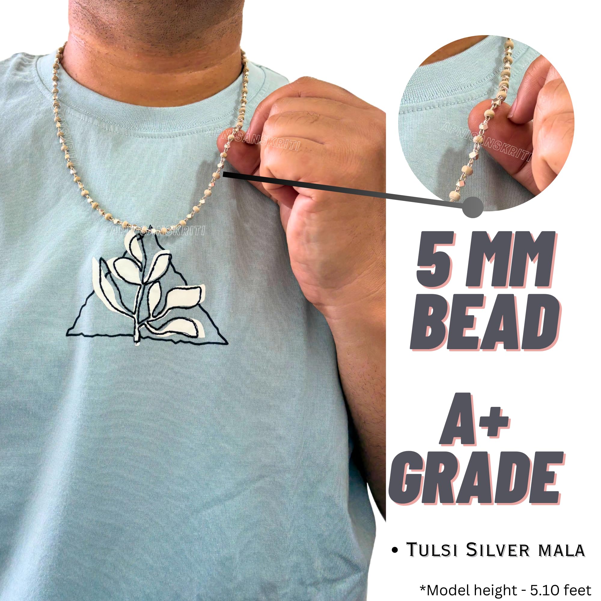 Apnisanskriti Black & White Tulsi Mala in Silver Designer Caps - Special Edition Big Size - Natural White Tulsi Beads - Pure Silver