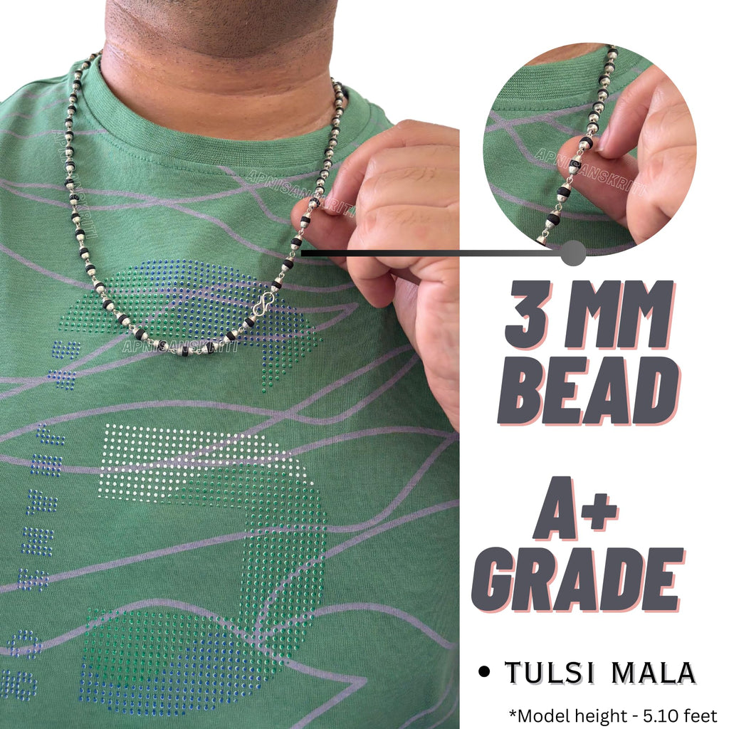 Apnisanskriti Black Tulsi Mala In Silver Designer Caps (3-4 mm, 55 beads, Lab Certified ) - Natural Black Tulsi Beads - Silver Plated- Pack of 1