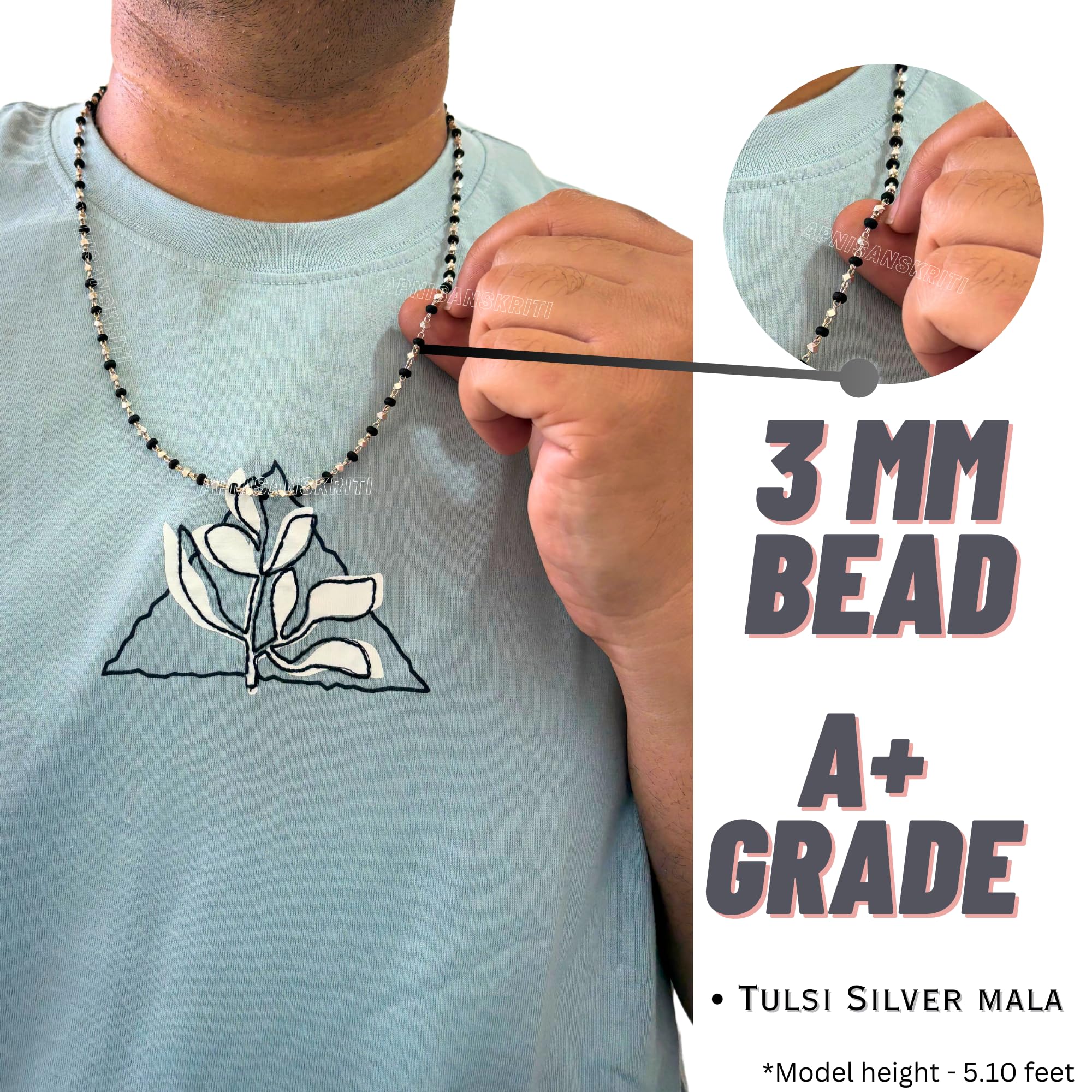 Apnisanskriti Black & White Tulsi Mala in Silver Designer Caps - Special Edition Big Size - Natural White Tulsi Beads - Pure Silver