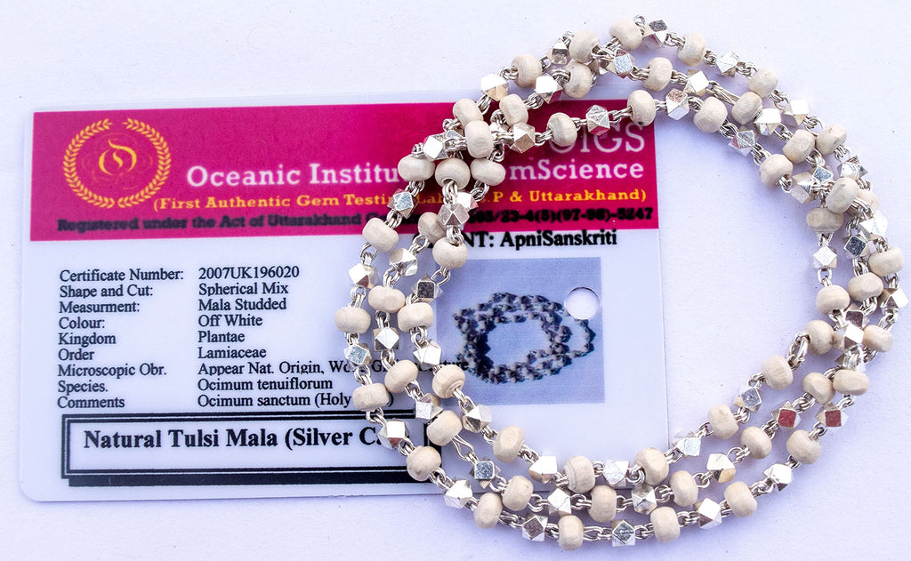 Apnisanskriti Black & White Tulsi Mala in Silver Designer Caps - Special Edition Big Size - Natural White Tulsi Beads - Pure Silver