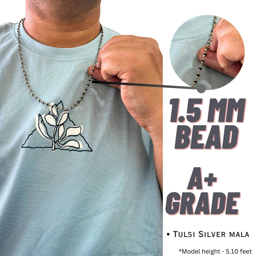 Apnisanskriti Black & White Tulsi Mala in Silver Designer Caps - Special Edition Big Size - Natural White Tulsi Beads - Pure Silver