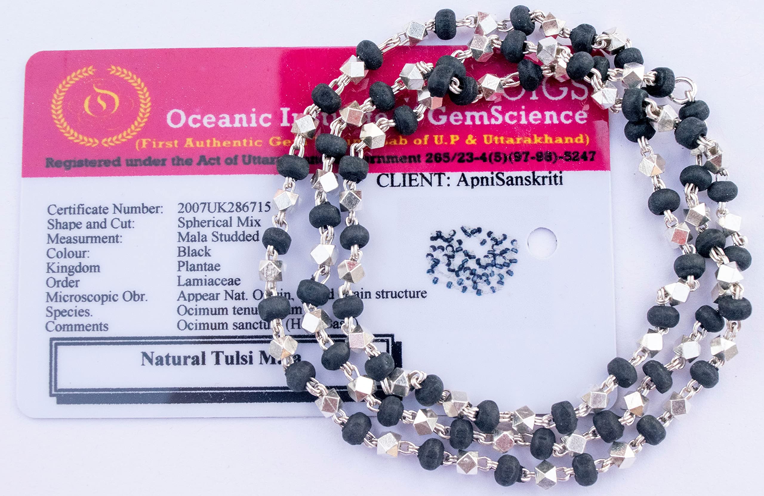 Apnisanskriti Black & White Tulsi Mala in Silver Designer Caps - Special Edition Big Size - Natural White Tulsi Beads - Pure Silver