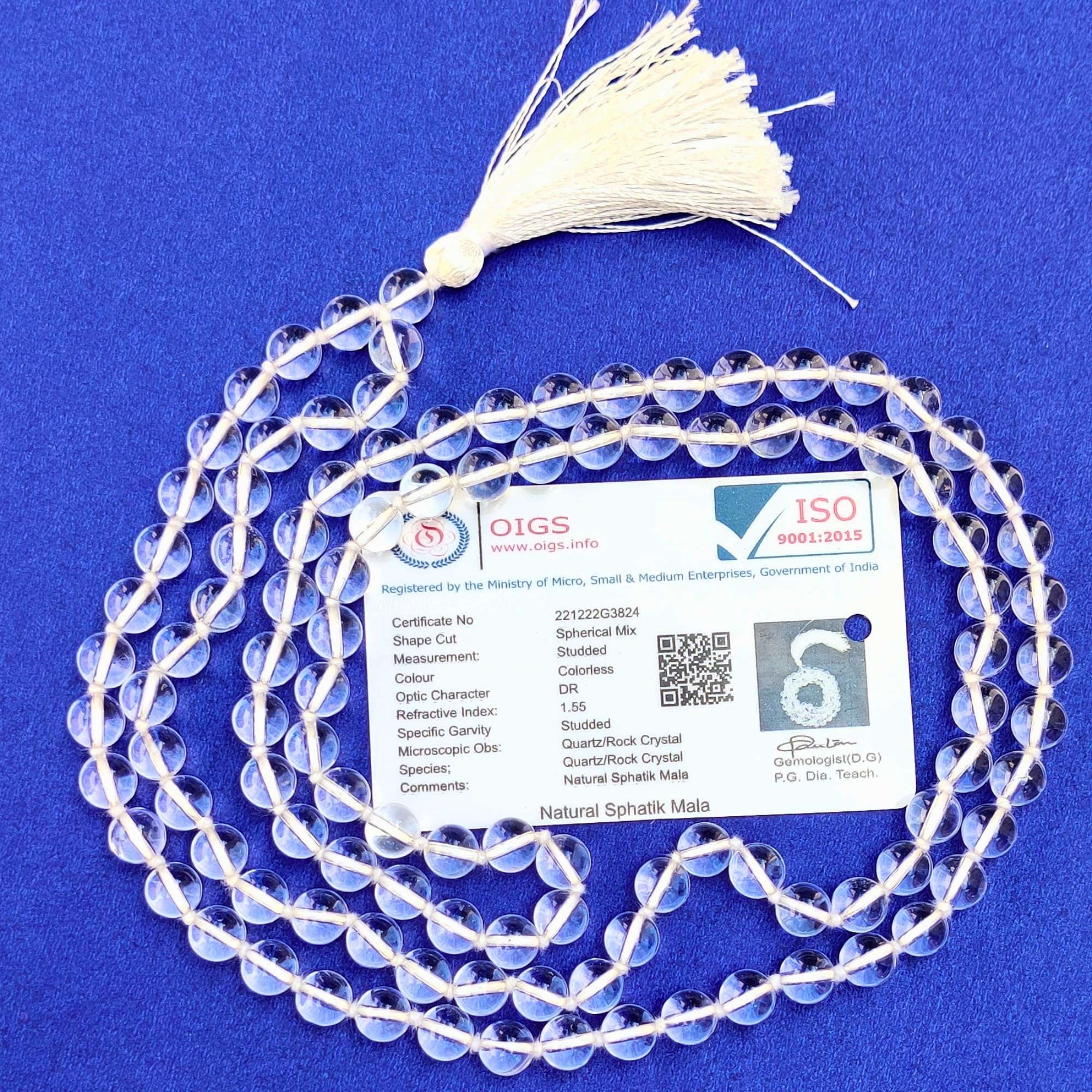 Apnisanskriti 8mm Sphatik Mala with Tussle (108+1 Beads) | Natural & Lab Certified | Spadigam Malai | Crystal Jaap Mala for Pooja and Wearing (27 inch)
