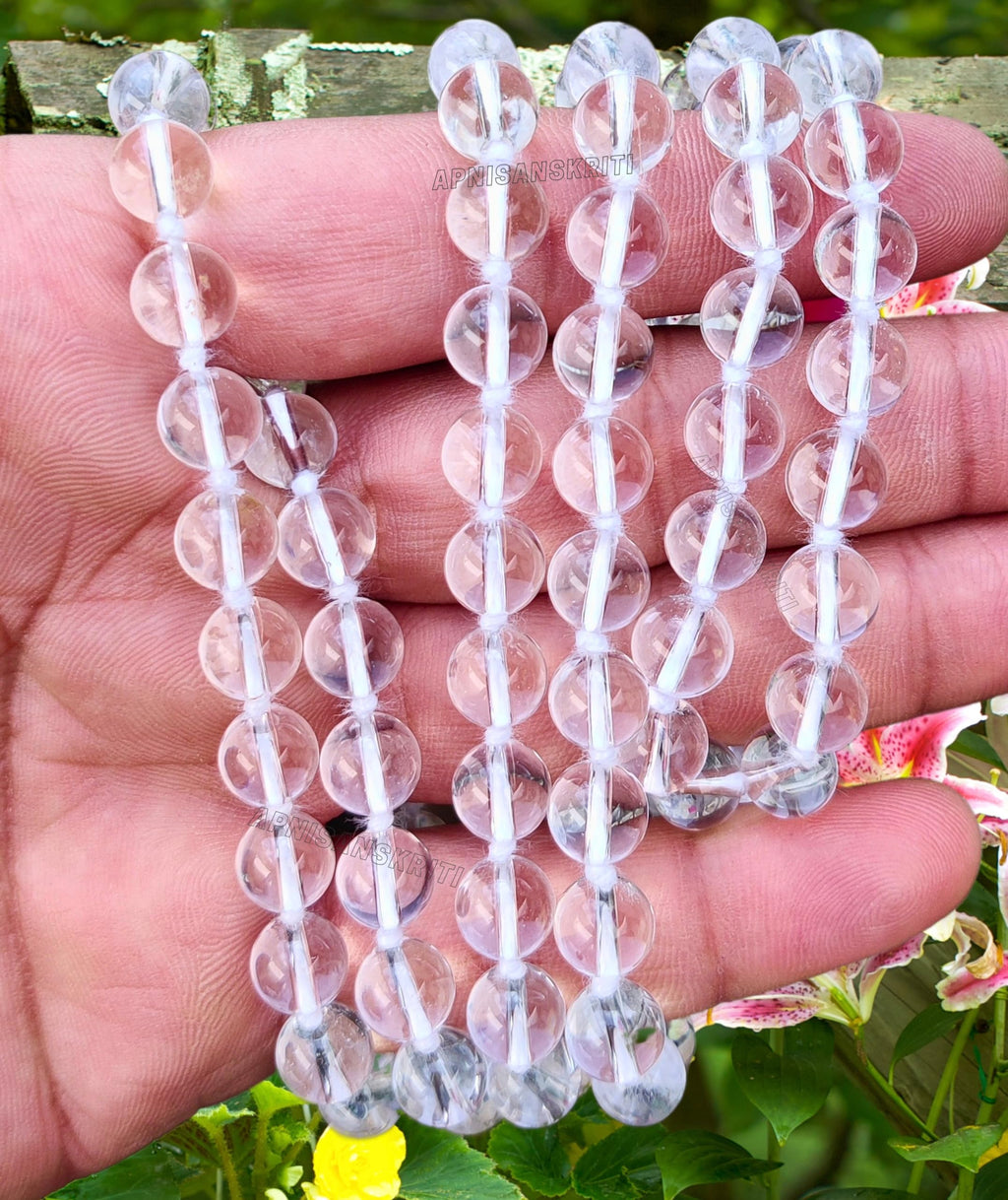 Apnisanskriti 8mm Sphatik Mala with Tussle (108+1 Beads) | Natural & Lab Certified | Spadigam Malai | Crystal Jaap Mala for Pooja and Wearing (27 inch)