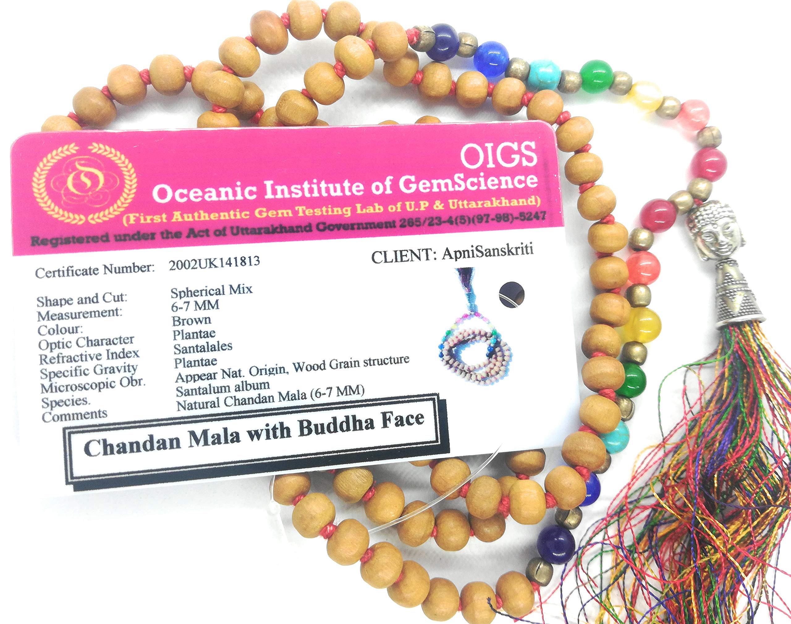 Apnisanskriti Chandan Mala (Sandalwood Rosary) with 7 Chakra and Buddha Face for Japa and Men / Women Wearing (6mm, Medium Bead Size, 108+1 Beads, Lab Certified) - 100% Natural Light Brown Chandan Beads - Pack of 1